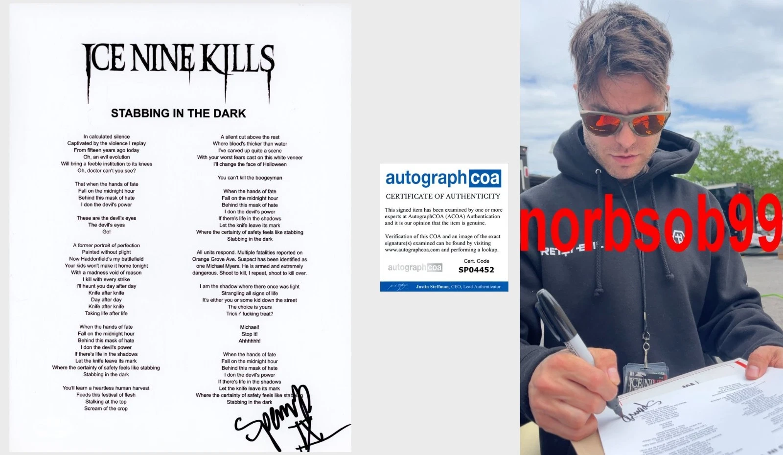 SPENCER CHARNAS SIGNED ICE NINE KILLS STABBING IN THE DARK LYRIC w/PROOF & COA