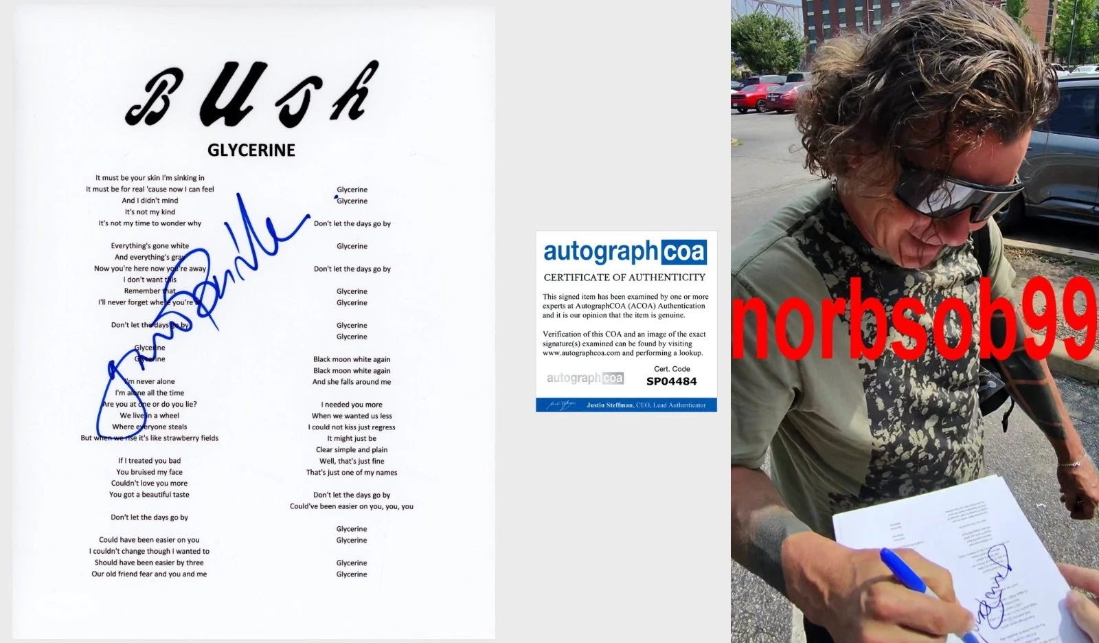 GAVIN ROSSDALE SIGNED BUSH GLYCERINE LYRIC SHEET w/EXACT PROOF & AUTOGRAPH COA