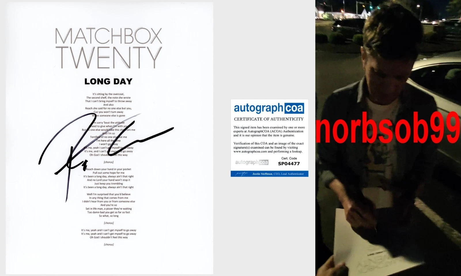 ROB THOMAS SIGNED MATCHBOX 20 TWENTY LONG DAY LYRIC SHEET w/EXACT PROOF & COA