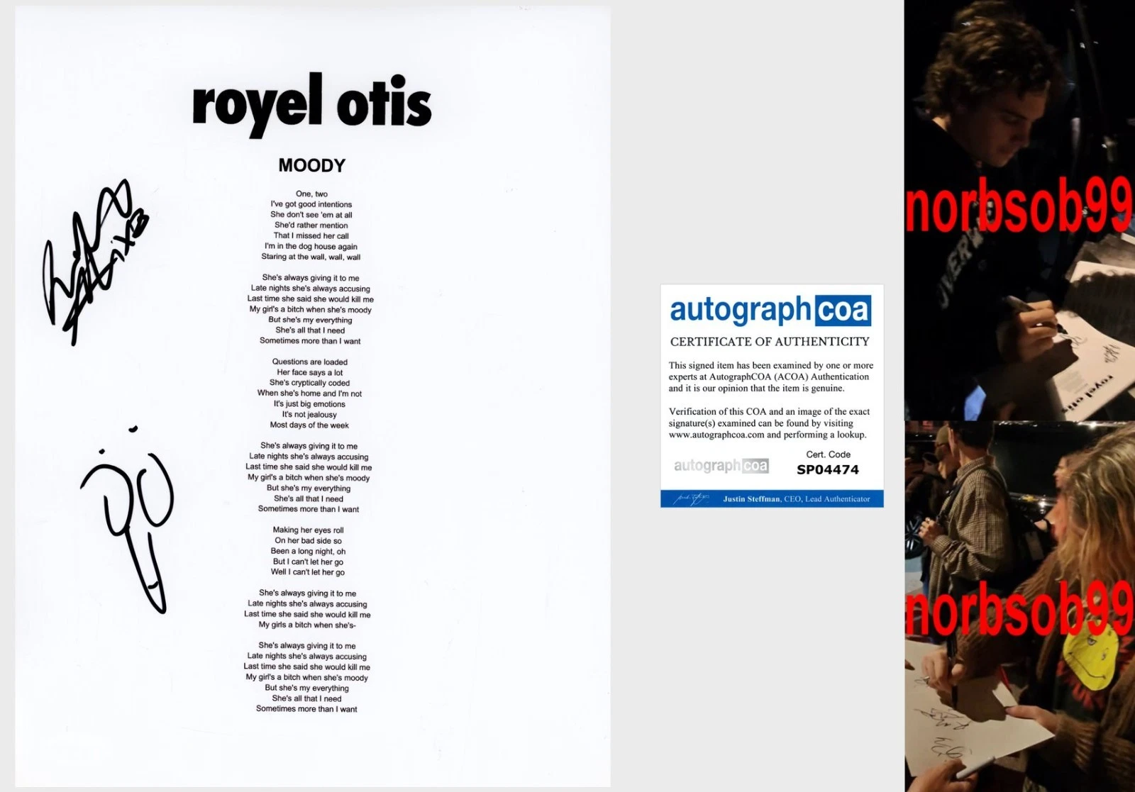 ROYEL OTIS SIGNED MOODY LYRIC SHEET w/EXACT PROOF & AUTOGRAPH ACOA COA