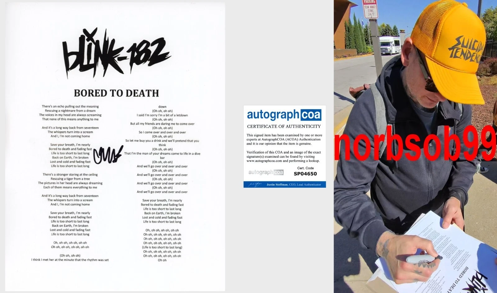 MATT SKIBA SIGNED BLINK 182 BORED TO DEATH LYRIC SHEET EXACT PROOF AUTOGRAPH COA