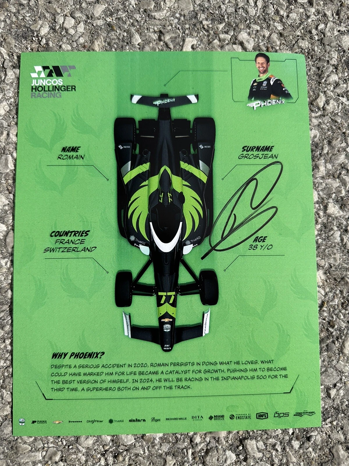 Romain Grosjean 2024 Indy 500 Signed Car Promo Hero Card Indianapolis
