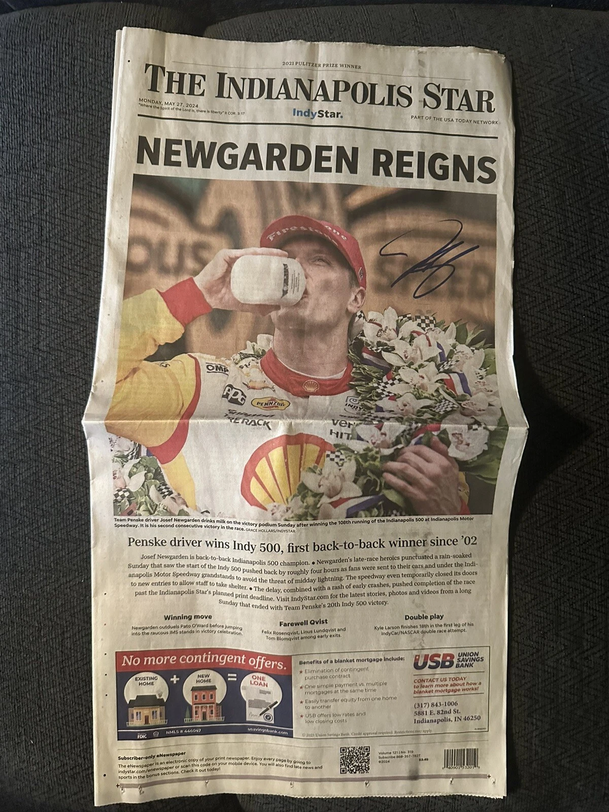 Josef Newgarden Signed 2024 Indianapolis 500 Indy Star Newspaper Print