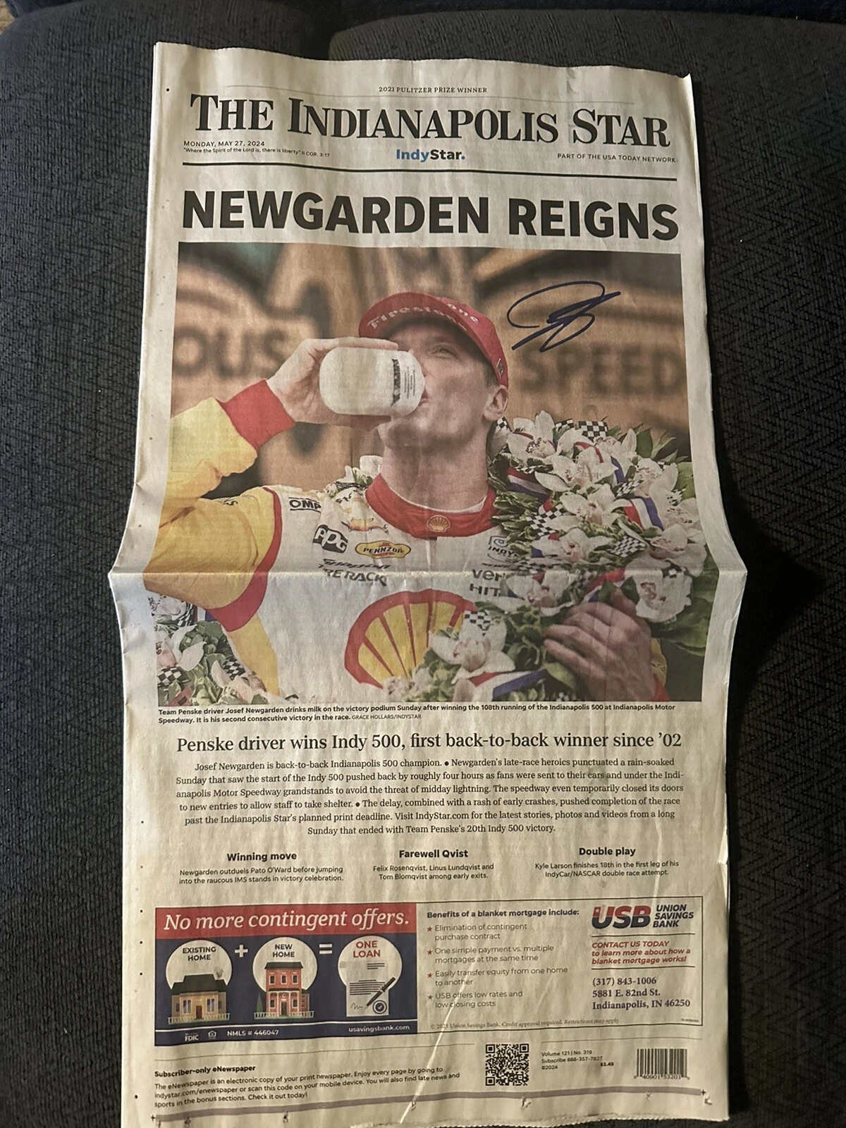 Josef Newgarden Signed 2024 Indianapolis 500 Indy Star Newspaper Print