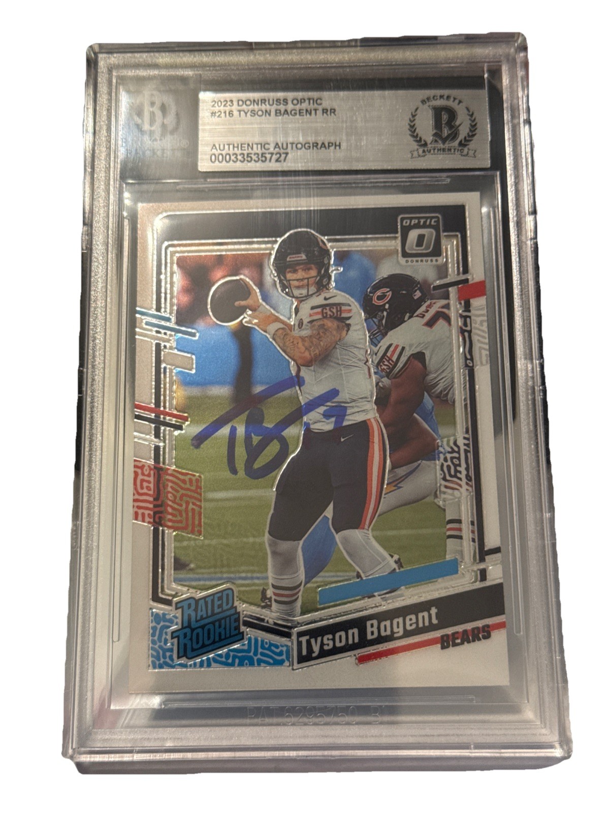 TYSON BAGENT SIGNED CHICAGO BEARS 2023 DONRUSS RC ROOKIE CARD BECKETT 0003353727 COLLECTIBLE MEMORABILIA