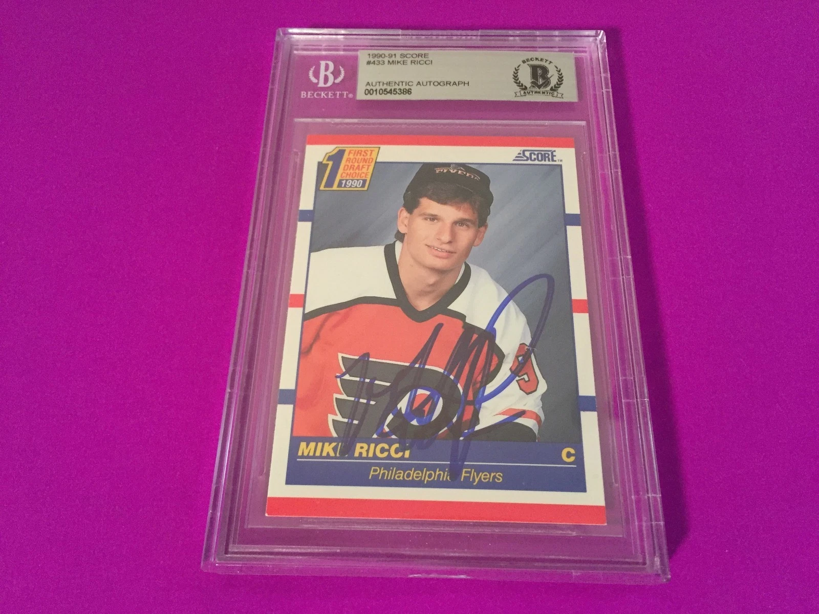 Mike Ricci 1990-91 Score Rookie Signed Auto Beckett SLABBED BAS