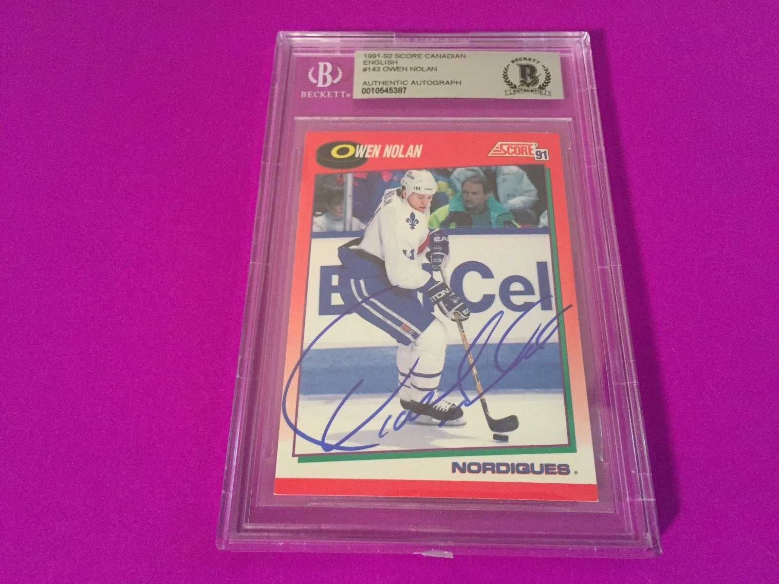 Owen Nolan Nordiques 1991-92 Score Signed Auto Beckett SLABBED BAS
