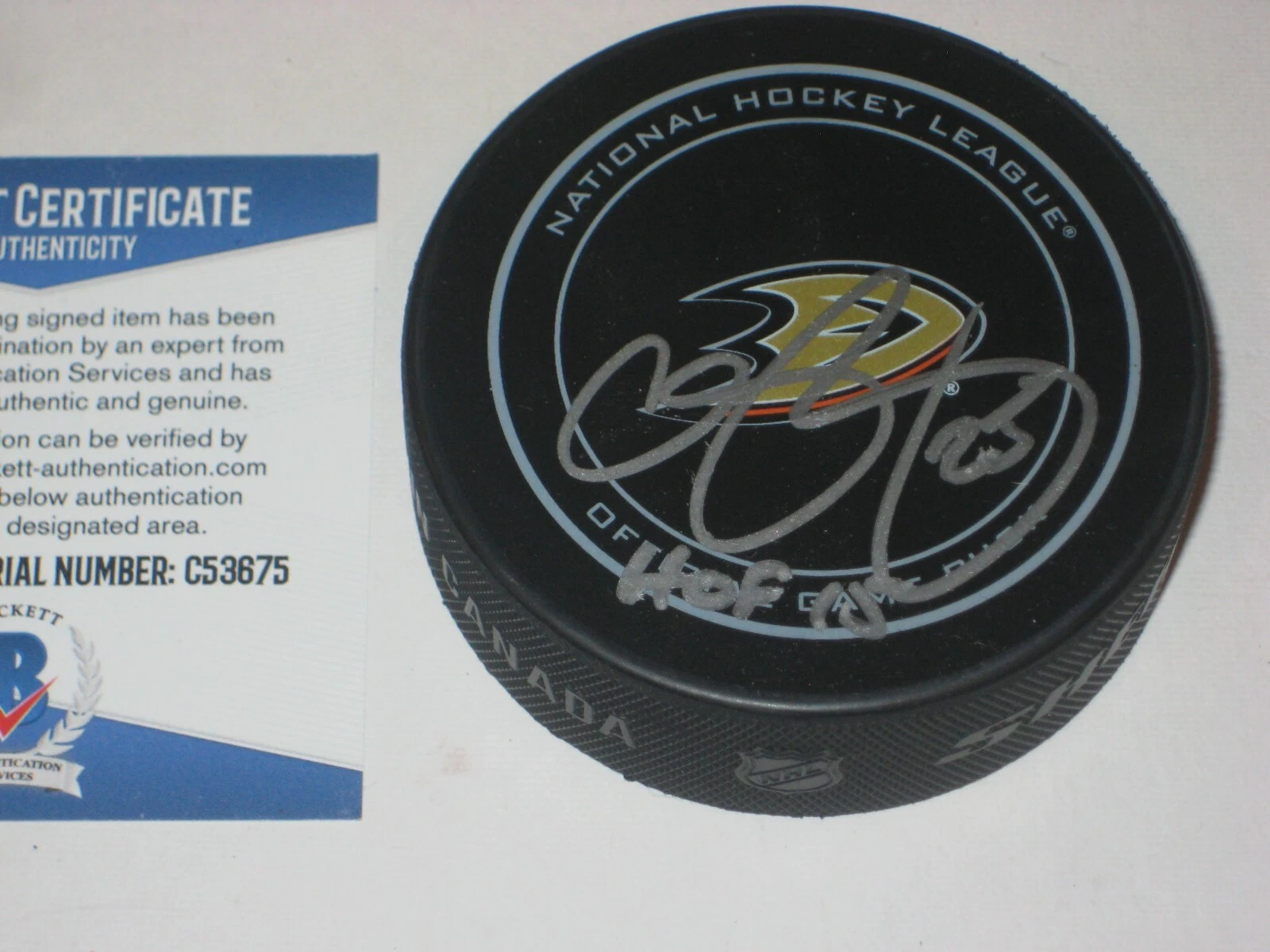 CHRIS PRONGER Signed Anaheim DUCKS Official GAME Puck w/ Beckett COA & Inscrip