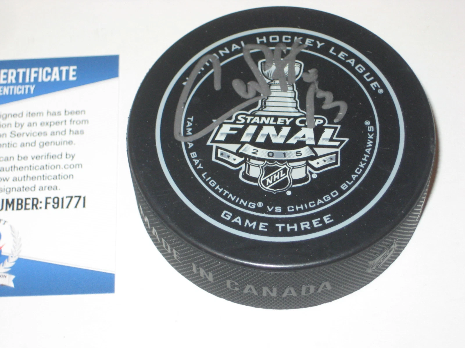 CEDRIC PAQUETTE Signed Official 2015 STANLEY CUP GAME 3 Puck w/ Beckett COA
