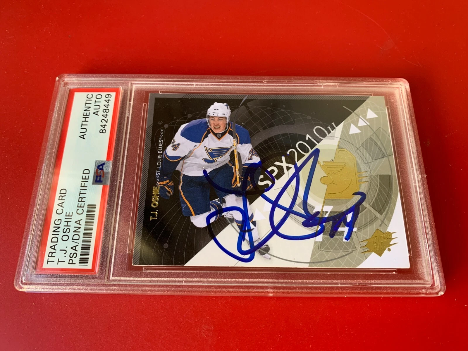 T.J. Oshie Blues 2010-11 UD SPx Card Signed Auto PSA/DNA