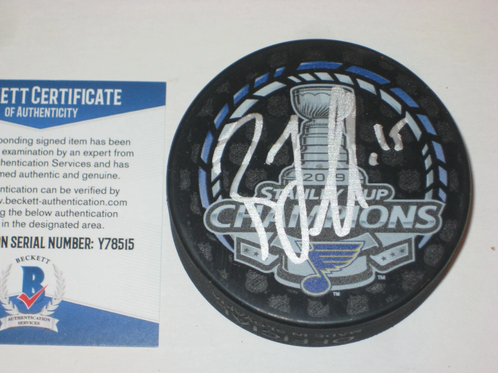 ROBBY FABBRI (Blues) Signed 2019 STANLEY CUP CHAMPS Puck w/ Beckett COA (BAS)