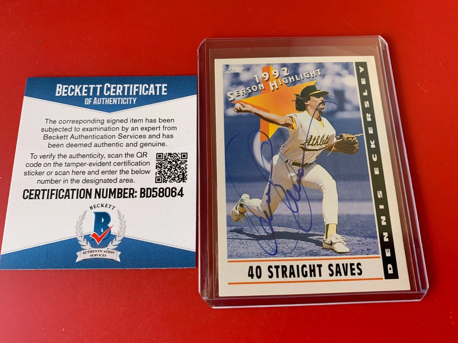 Dennis Eckersley Oakland A's 1993 Score Card Signed Auto BAS COA