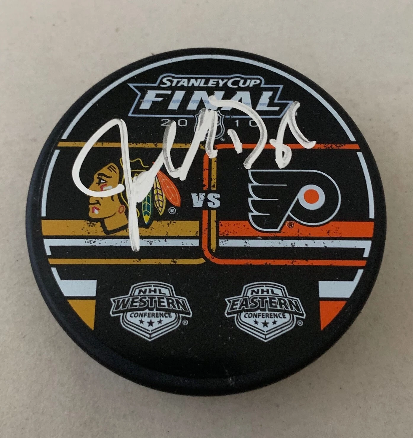 John McDonough signed Chicago Blackhawks 2010 Stanley Cup Final puck Hawks