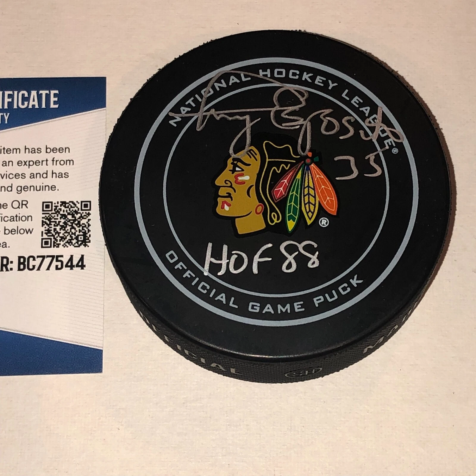 TONY ESPOSITO Signed Chicago BLACKHAWKS Official GAME Puck w/ Beckett COA & HOF