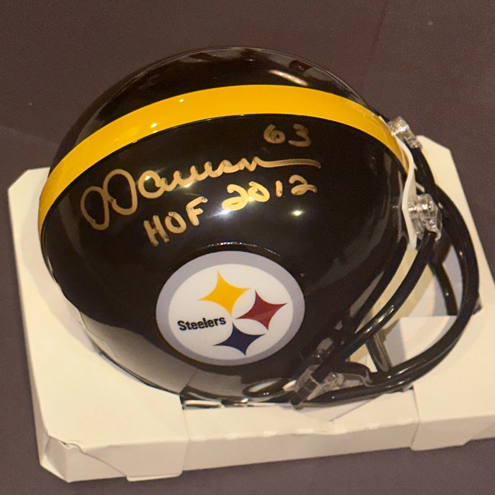 DERMONTTI DAWSON Signed STEELERS VSR4 Mini-helmet Beckett Auth (BAS) w/ HOF Insc