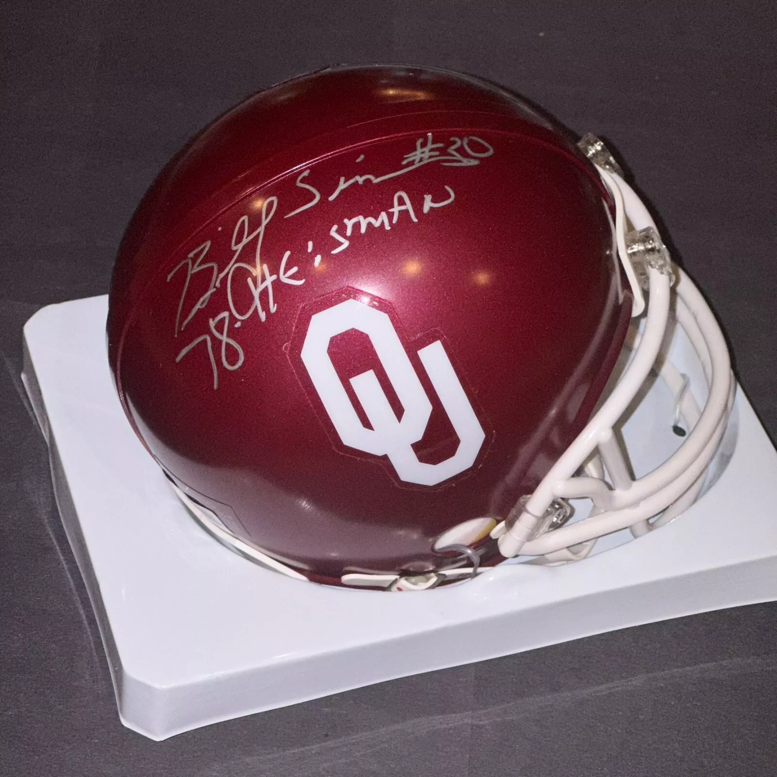 BILLY SIMS Signed OKLAHOMA VSR4 Mini-helmet Beckett (BAS) w/ HEISMAN Inscrip