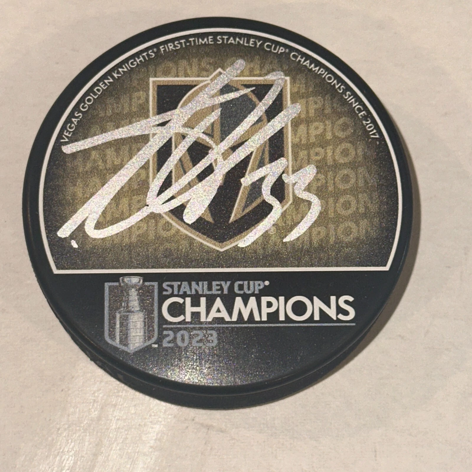 ADIN HILL Signed Golden Knights 2023 STANLEY CUP CHAMPS Puck Beckett Auth BAS