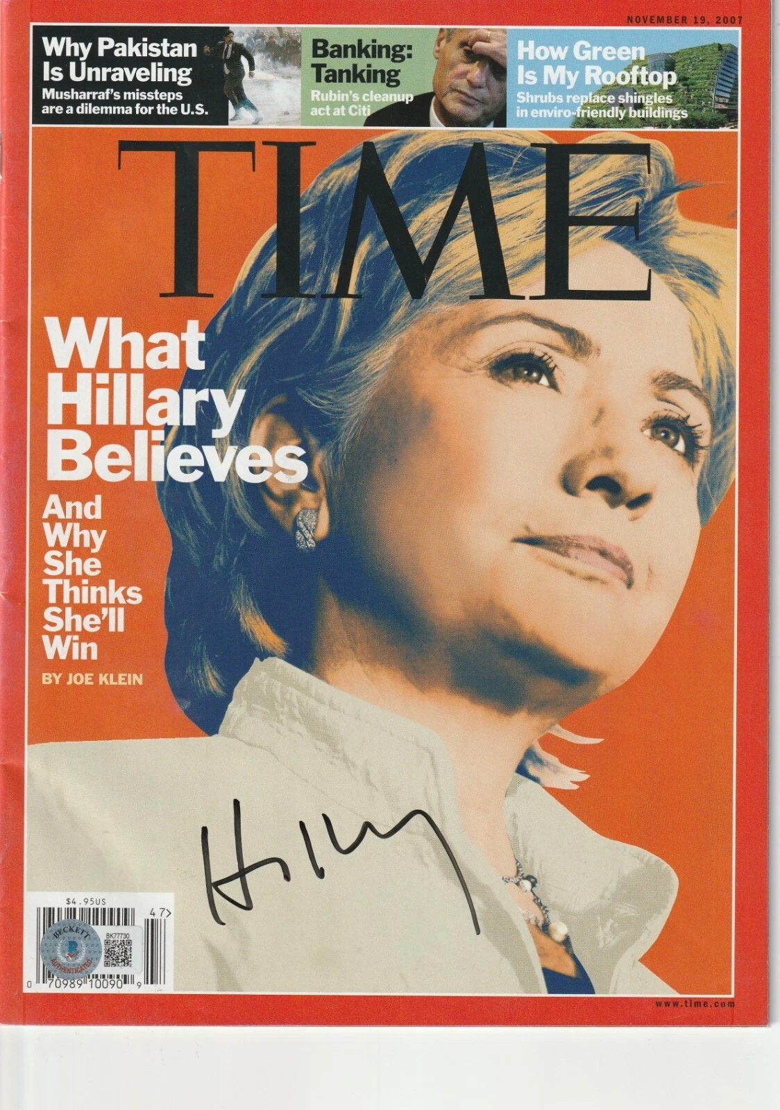 Hillary Clinton Signed 11/19/07 TIME Magazine Beckett BAS (NO Label)