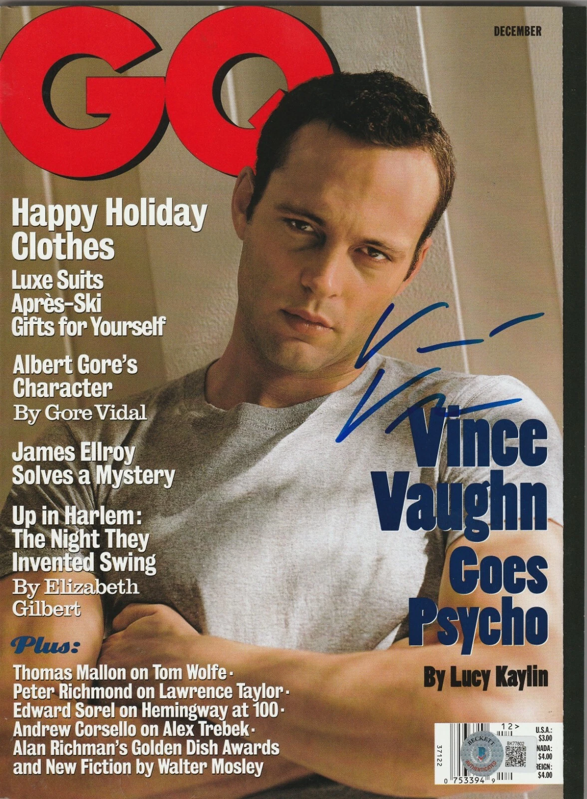 VINCE VAUGHN Signed Dec 98 GQ Magazine Beckett Auth. BAS (NO Label)