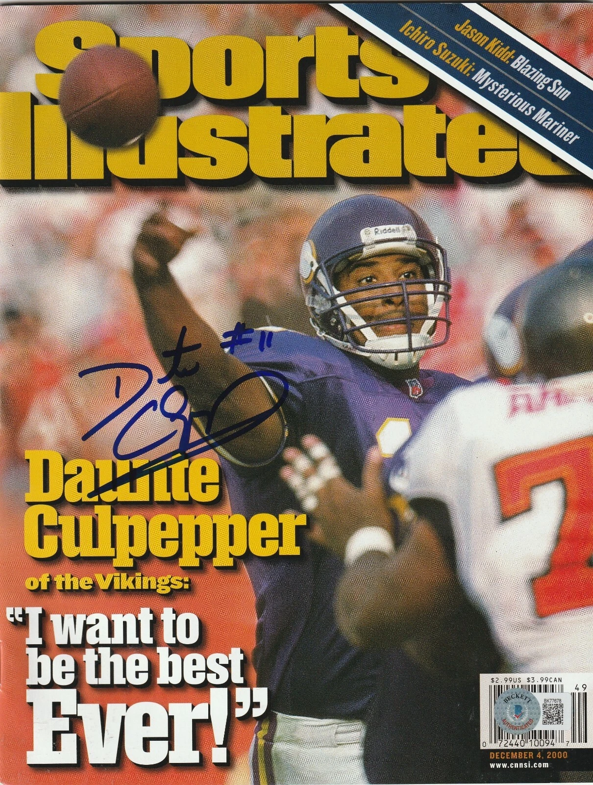 DAUNTE CULPEPPER Signed 12/14/00 SPORTS ILLUSTRATED Beckett Auth (NO Label)