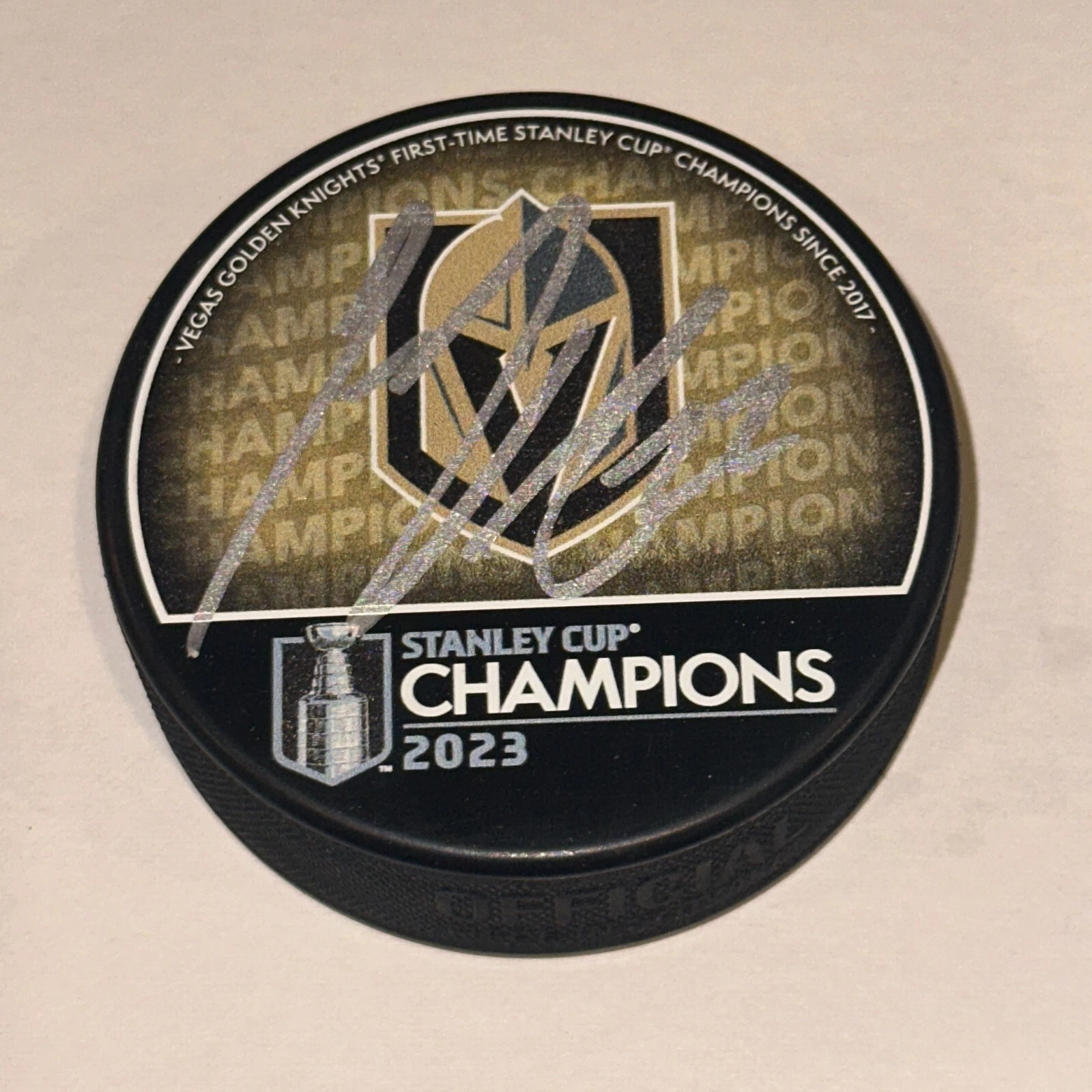 MICHAEL AMADIO Signed Knights 2023 STANLEY CUP CHAMPS Puck Beckett BAS