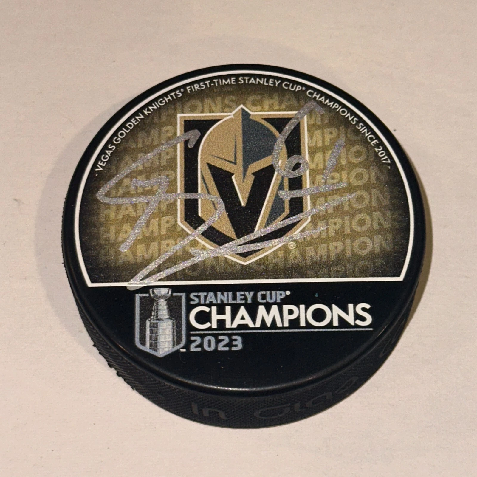 MARK STONE Signed Knights 2023 STANLEY CUP CHAMPS Puck Beckett Auth BAS