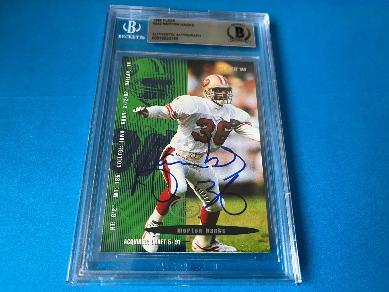 Merton Hanks 49ers Super Bowl 1995 Fleer Card Signed Auto Beckett BAS Slabbed