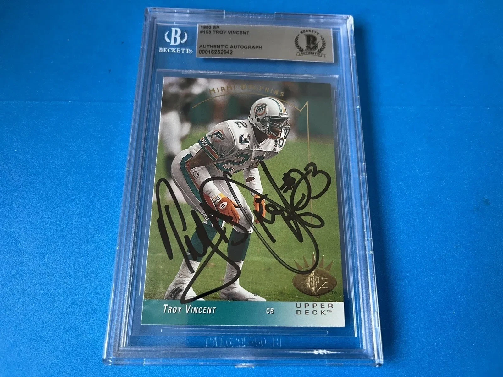 Troy Vincent Dolphins 1993 Upper Deck SP Card Signed Auto Beckett BAS Slabbed