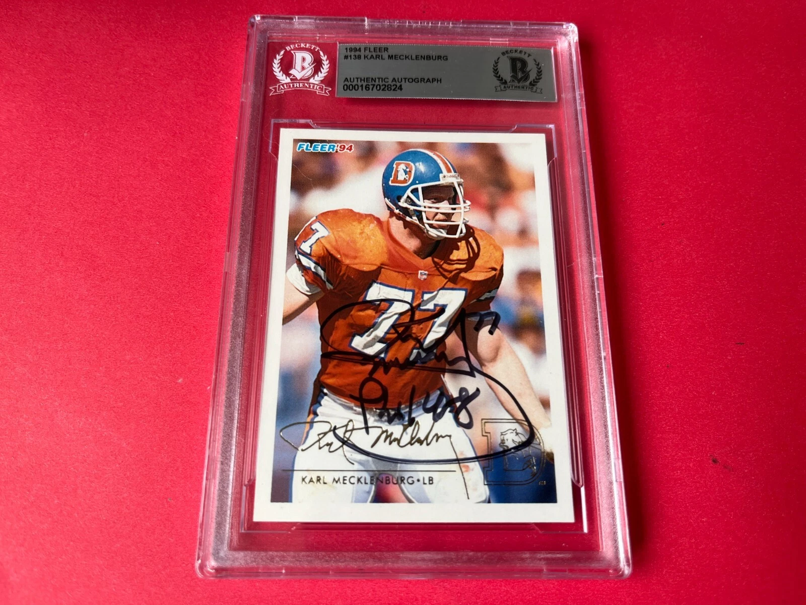 Karl Mecklenburg Broncos 1994 Fleer Card Signed Auto Beckett BAS Slabbed