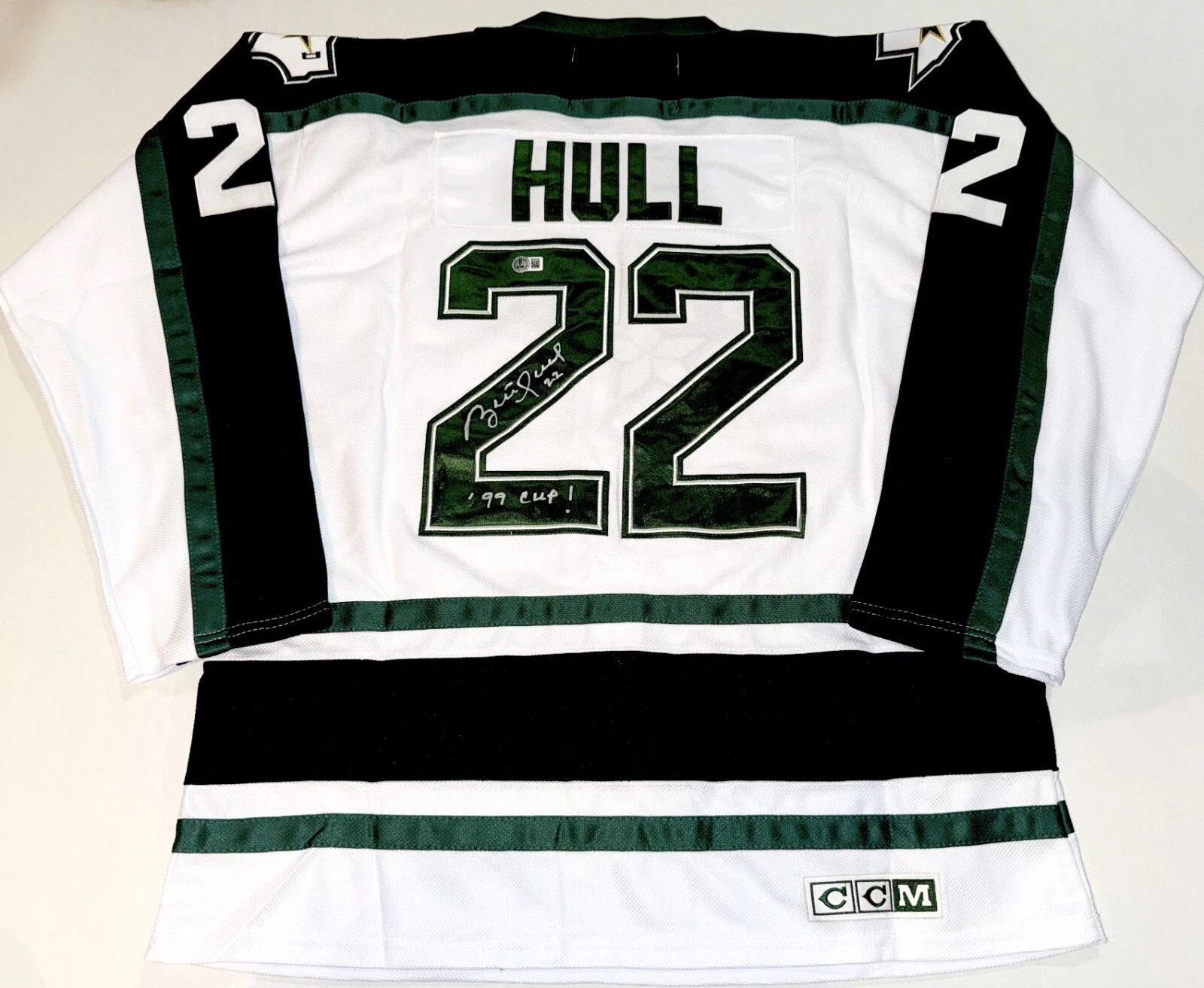 Brett Hull signed Dallas Stars jersey W/ 99 Cup Inscription Beckett Witnessed