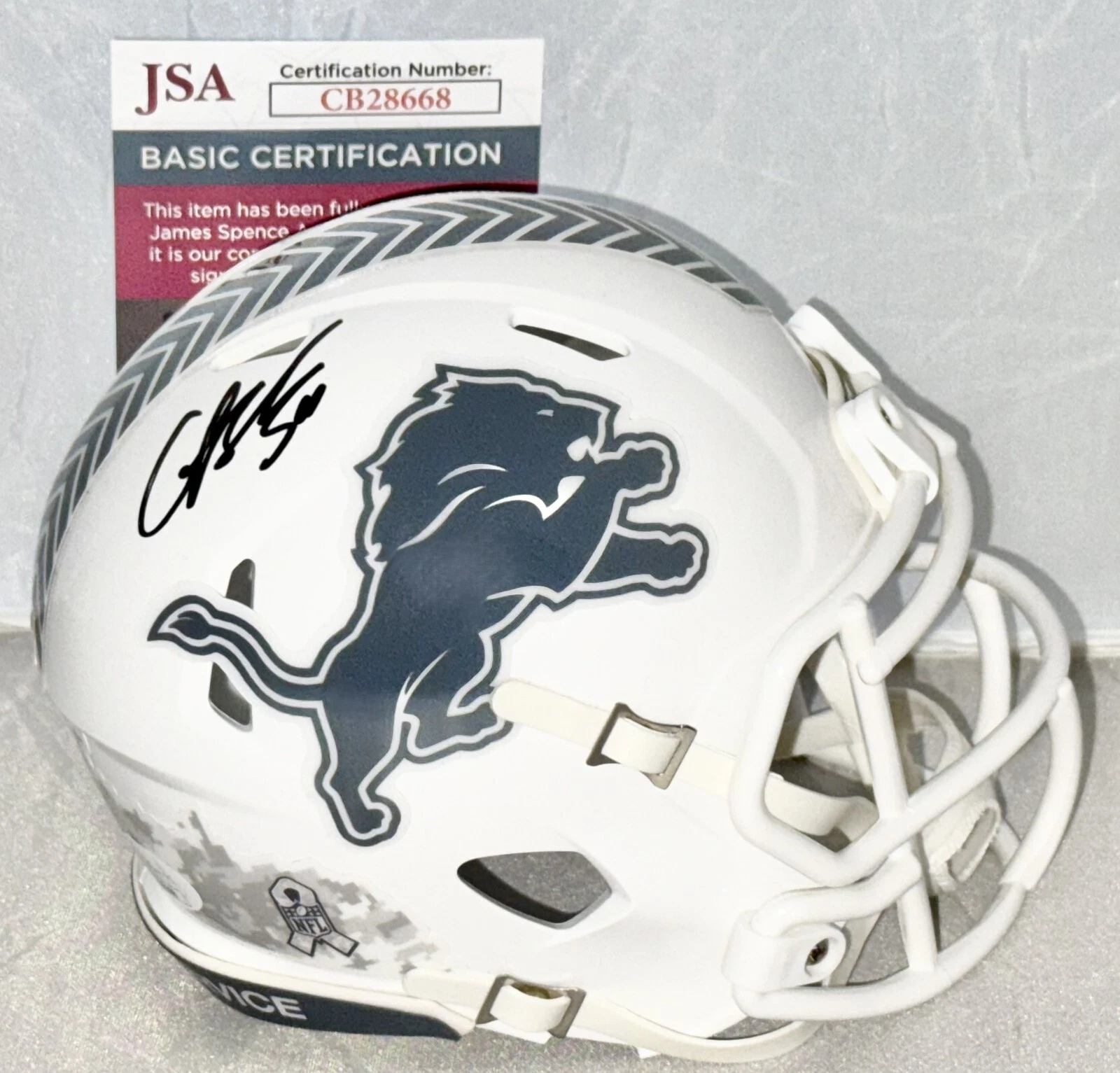Chris Spielman signed Detroit Lions Salute To Service mini helmet #1 JSA