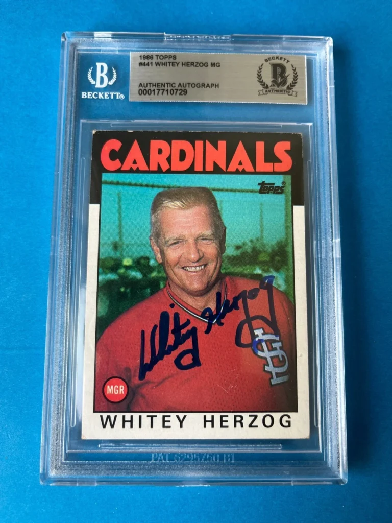 WHITEY HERZOG CARDINALS 1986 TOPPS CARD SIGNED AUTO BECKETT BAS COLLECTIBLE MEMORABILIA
