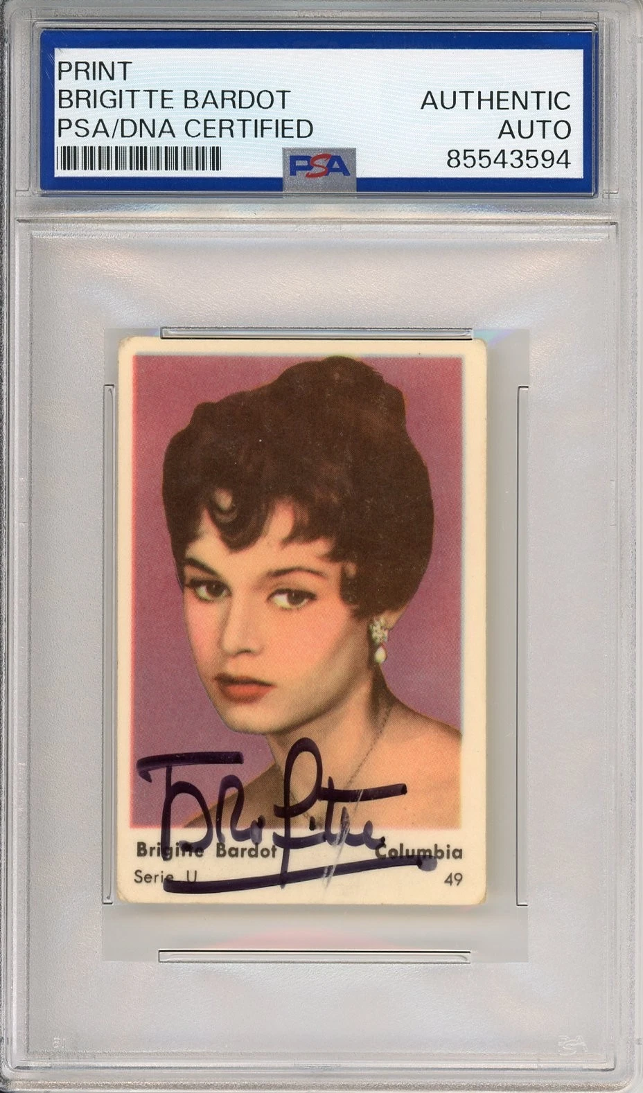 1959 Dutch Gum Serie U Brigitte Bardot Trading Card SIGNED PSA DNA COA Autograph
