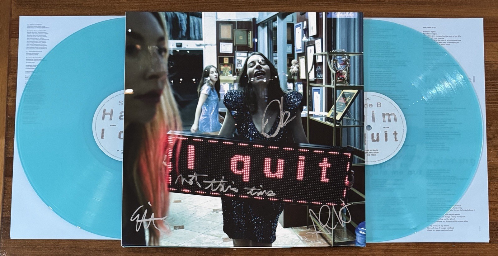 HAIM BAND SIGNED + LYRICS I QUIT BLUE VINYL 2LP COVER BECKETT BAS COA AUTOGRAPH