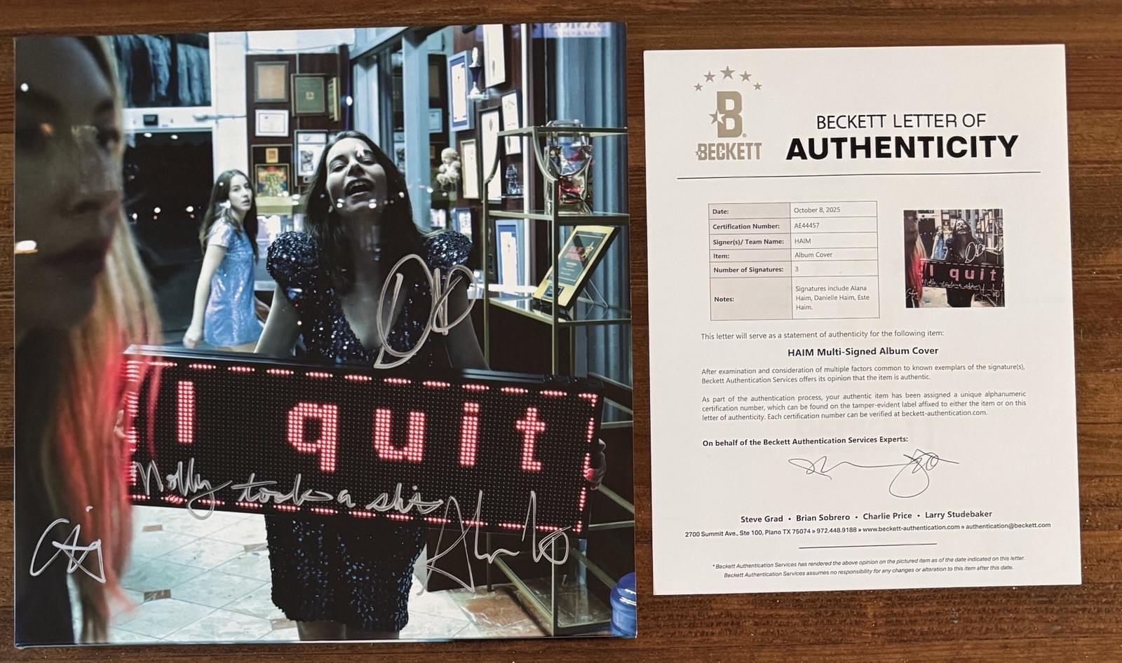 HAIM BAND SIGNED + FUNNY LYRIC QUOTE I QUIT BLUE VINYL 2LP COVER BECKETT BAS COA