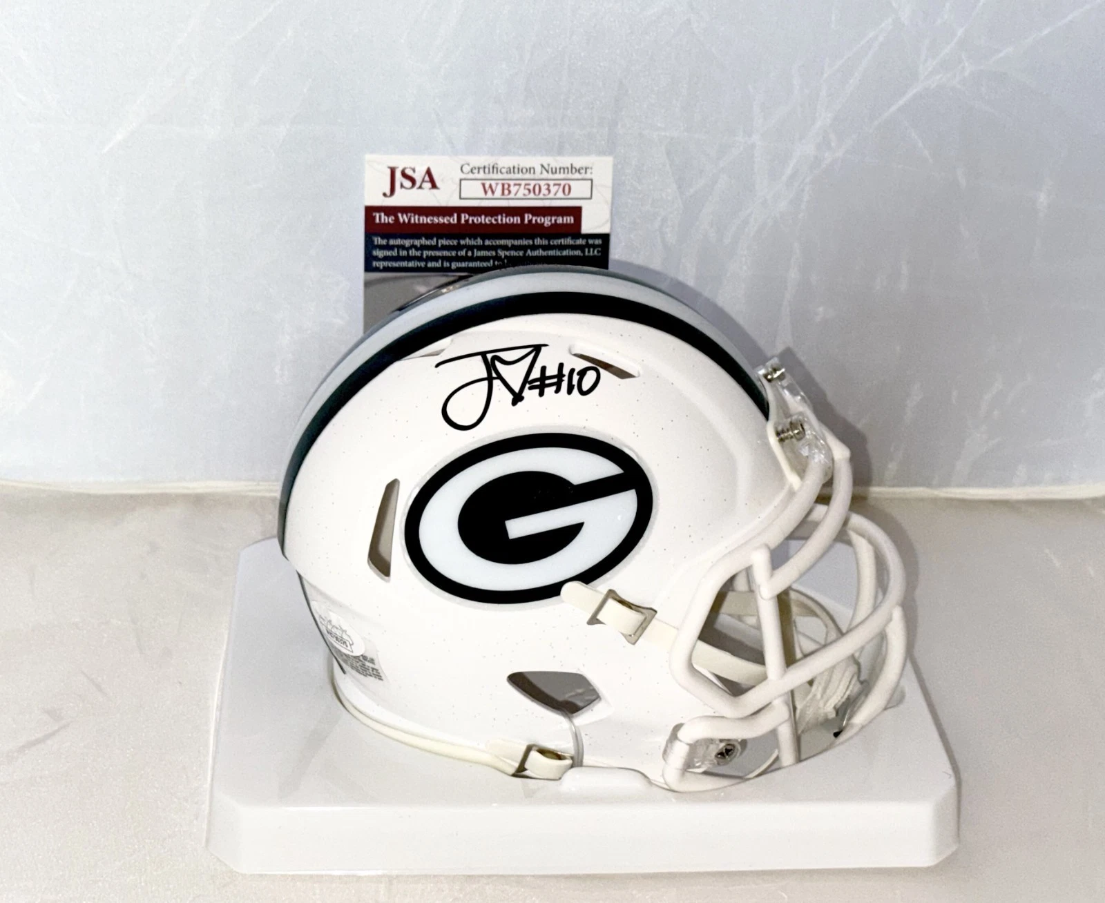 Jordan Love signed Green Bay Packers Alternate White mini helmet JSA Witnessed