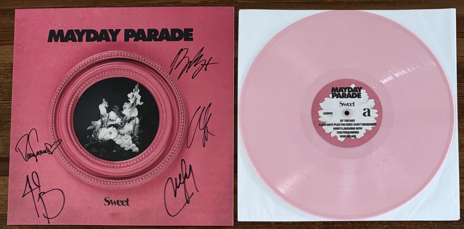 ALL 5 BAND SIGNED MAYDAY PARADE SWEET ALBUM PINK VINYL LP COVER BECKETT BAS COA