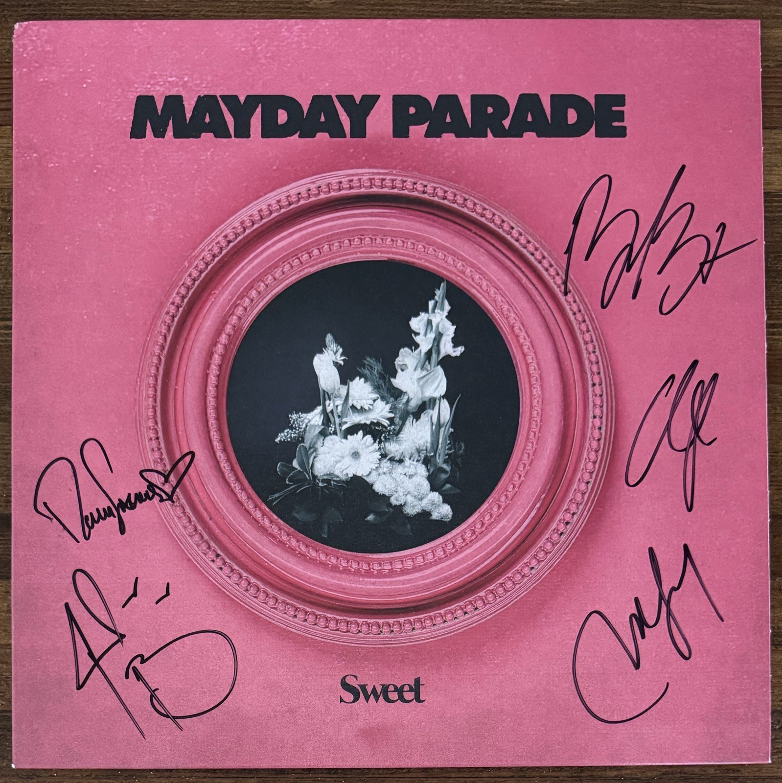 BAND SIGNED MAYDAY PARADE SWEET PINK VINYL LP COVER BECKETT BAS COA AUTOGRAPH