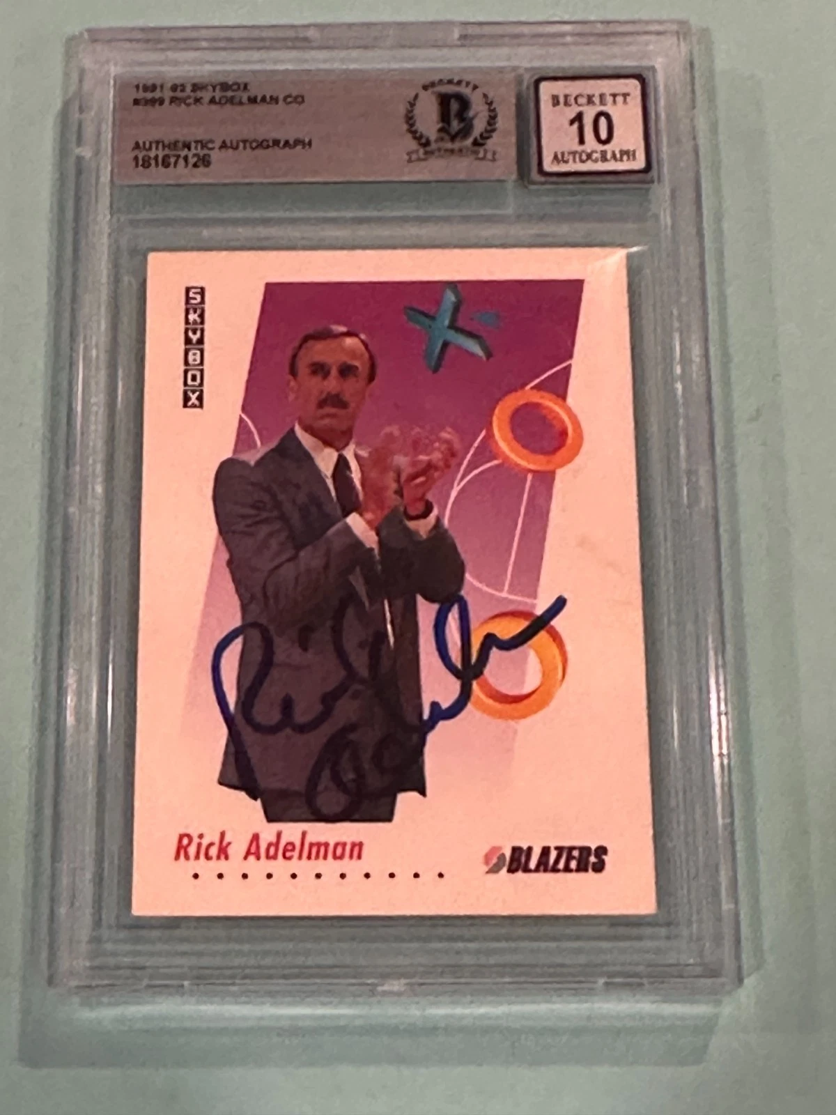 RICK ADELMAN Signed 1991-92 SKYBOX Card #399 Beckett (BAS) AUTO 10