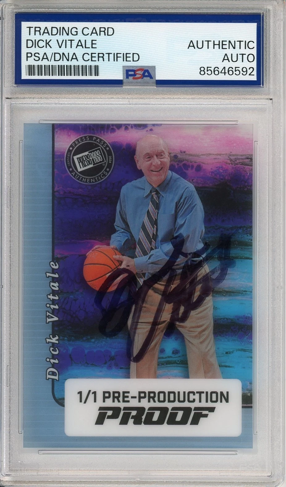 2024 LEAF PRESS PASS DICK VITALE  SIGNED 1/1 CLEAR PROOF PSA DNA COA AUTOGRAPH