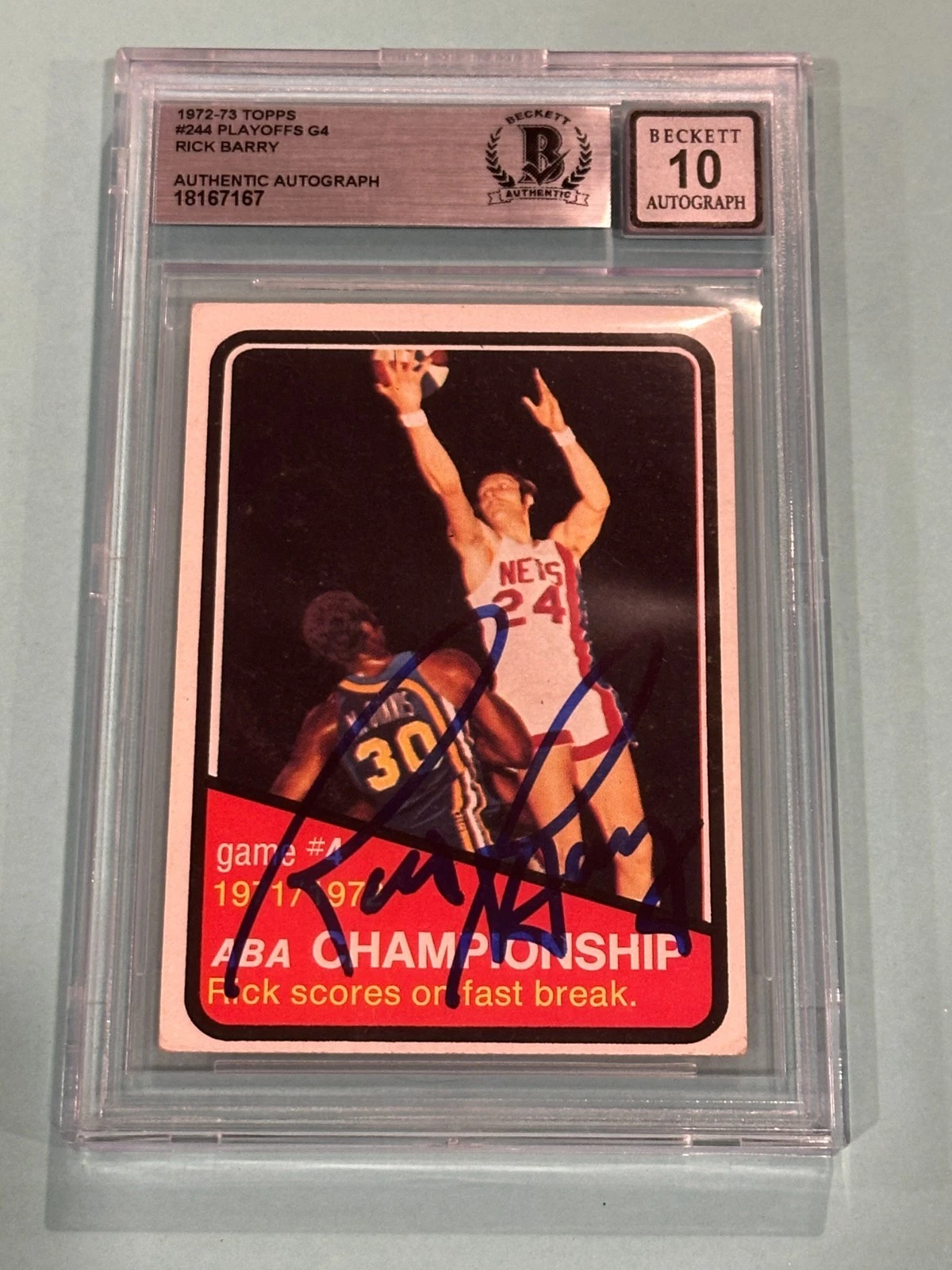 RICK BARRY Signed 1972-73 TOPPS Playoffs G4 Card #244 Beckett (BAS) AUTO 10