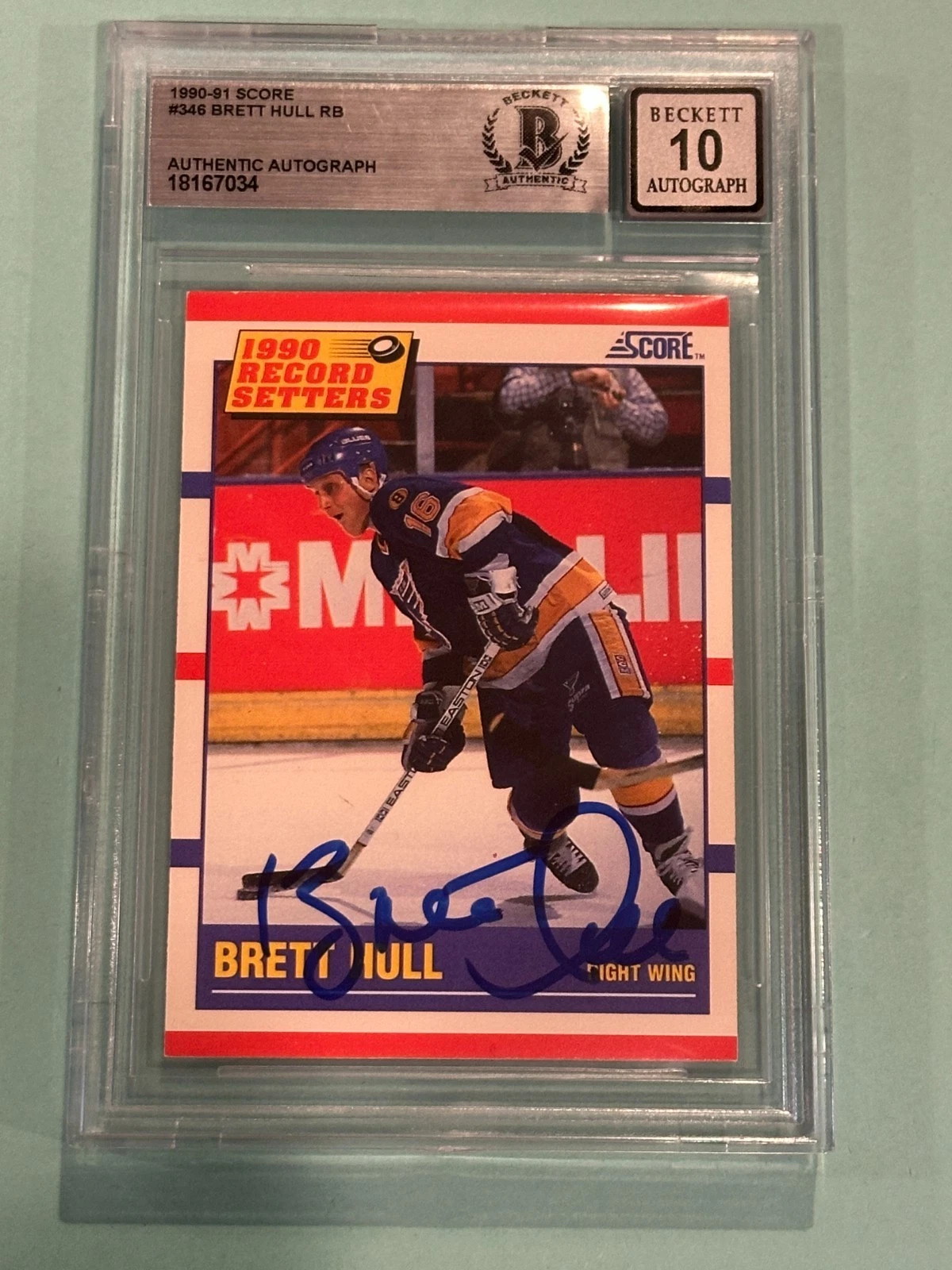 BRETT HULL Signed 1990-91 SCORE Card #346 Beckett Authenticated BAS AUTO 10