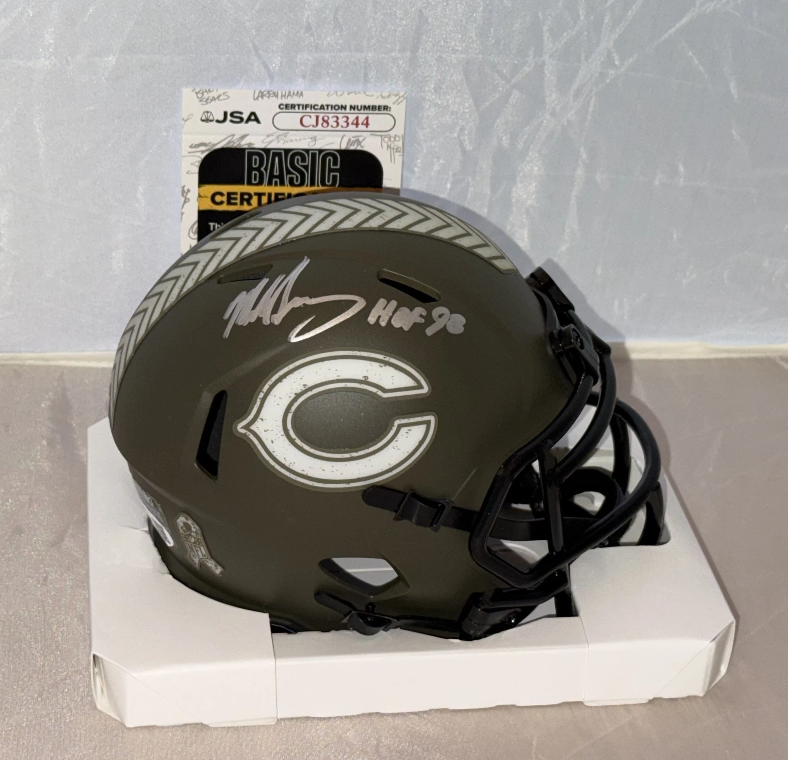 Mike Singletary signed Chicago Bears Salute mini helmet W/ HOF Inscription JSA