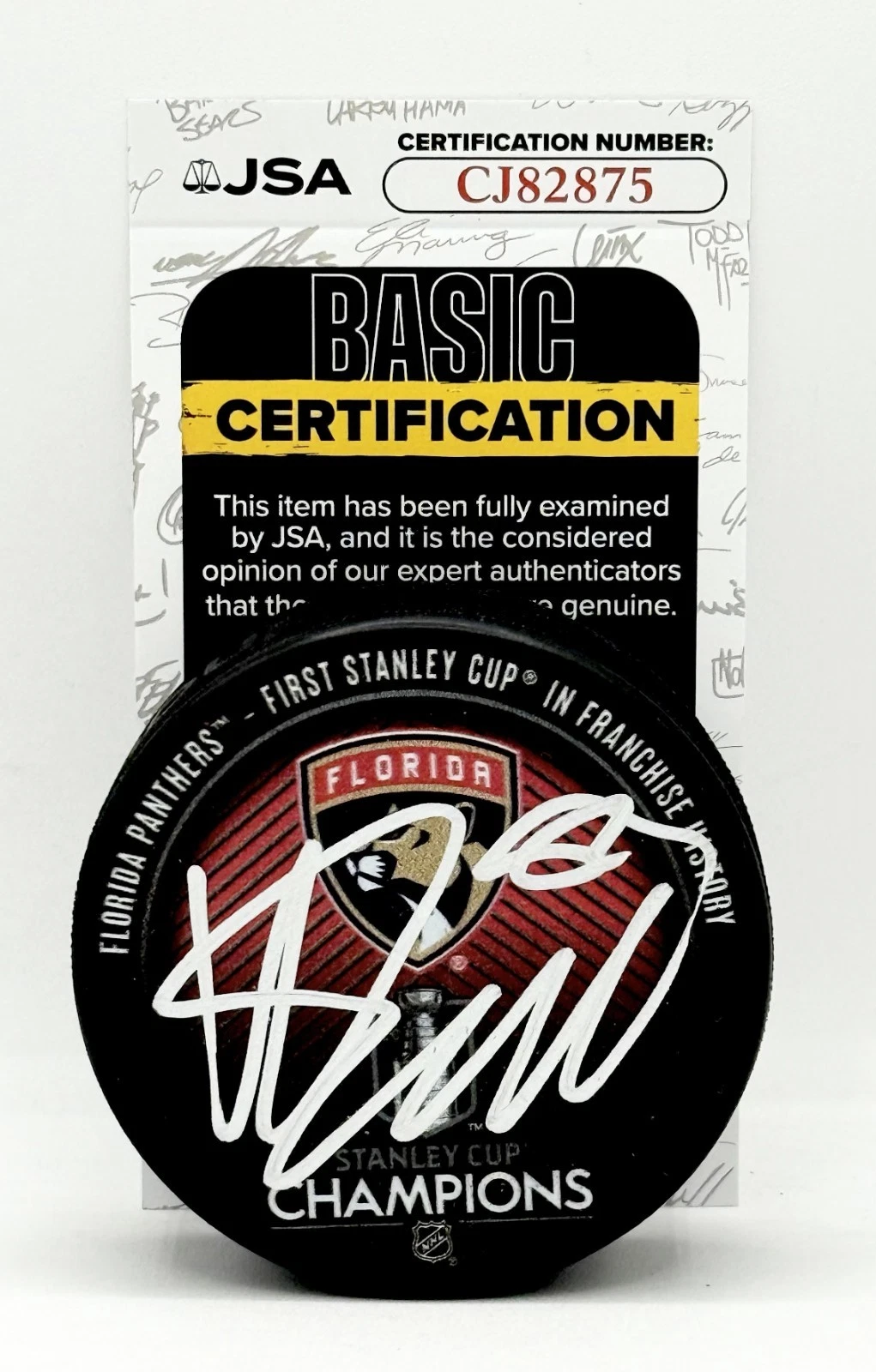 Kevin Stenlund signed Florida Panthers 2024 Stanley Cup Champs Puck JSA