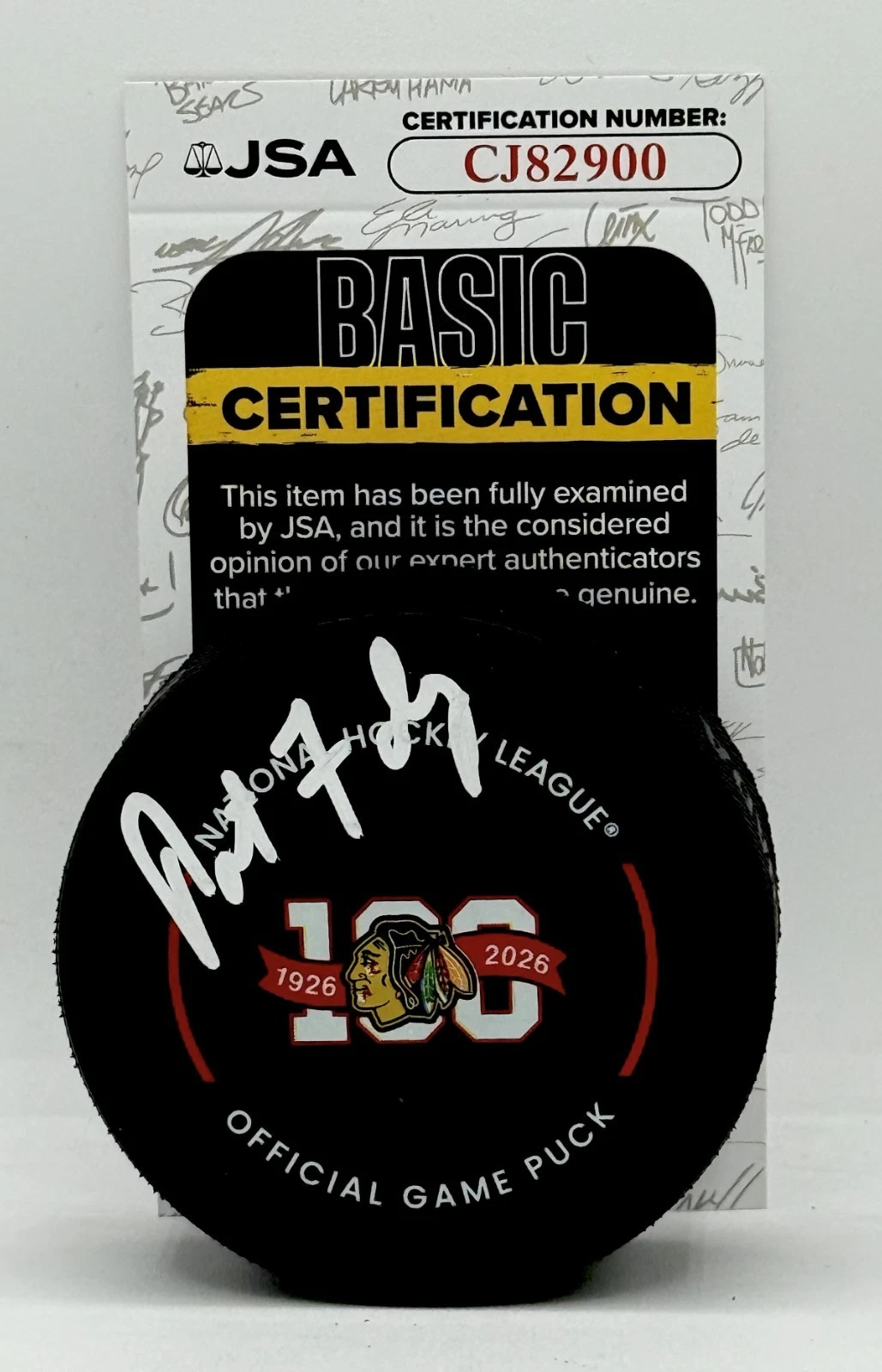 Pat Foley signed Chicago Blackhawks 100th Anniversary Game Puck JSA