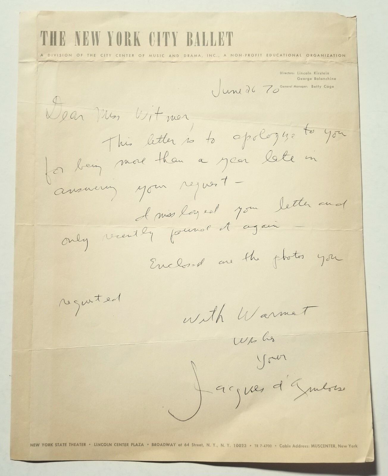 Jacques d'Amboise REAL SIGNED Hand Written Letter JSA COA Ballet Choreographer