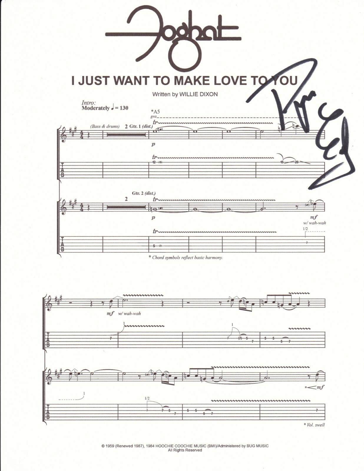 Roger Earl of Foghat REAL SIGNED I Just Want To Make Love To You Sheet Music COA