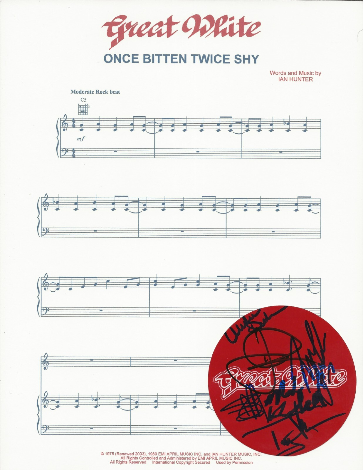 Great White band SIGNED Once Bitten Twice Shy sheet music #4 COA by 6 members