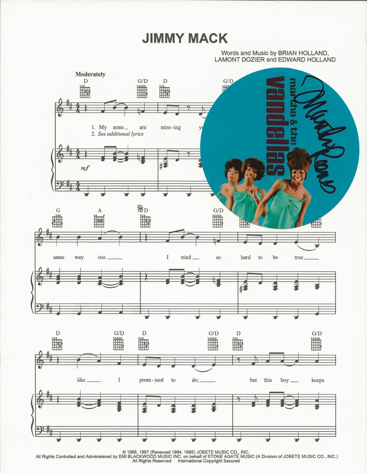 Martha Reeves and The Vandellas SIGNED Jimmy Mack sheet music #1 COA by Martha