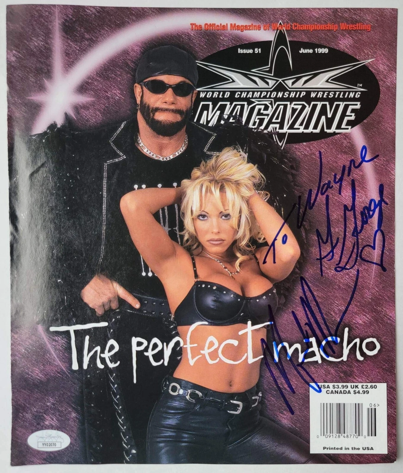 Macho Man Randy Savage & Gorgeous George REAL hand SIGNED WCW Mag Cover JSA LOA